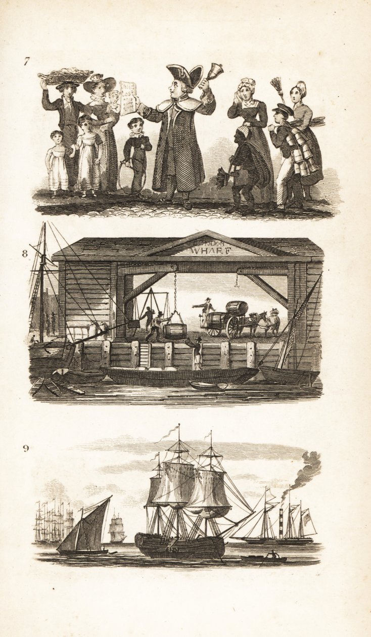 El campanero, un muelle de Londres y barco de carbón y barcaza de carbón de Isaac Taylor