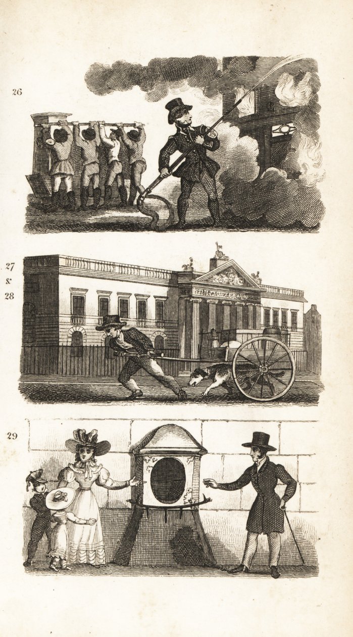 El carro de bomberos, transportando mercancías en un camión, East India House y London Stone de Isaac Taylor