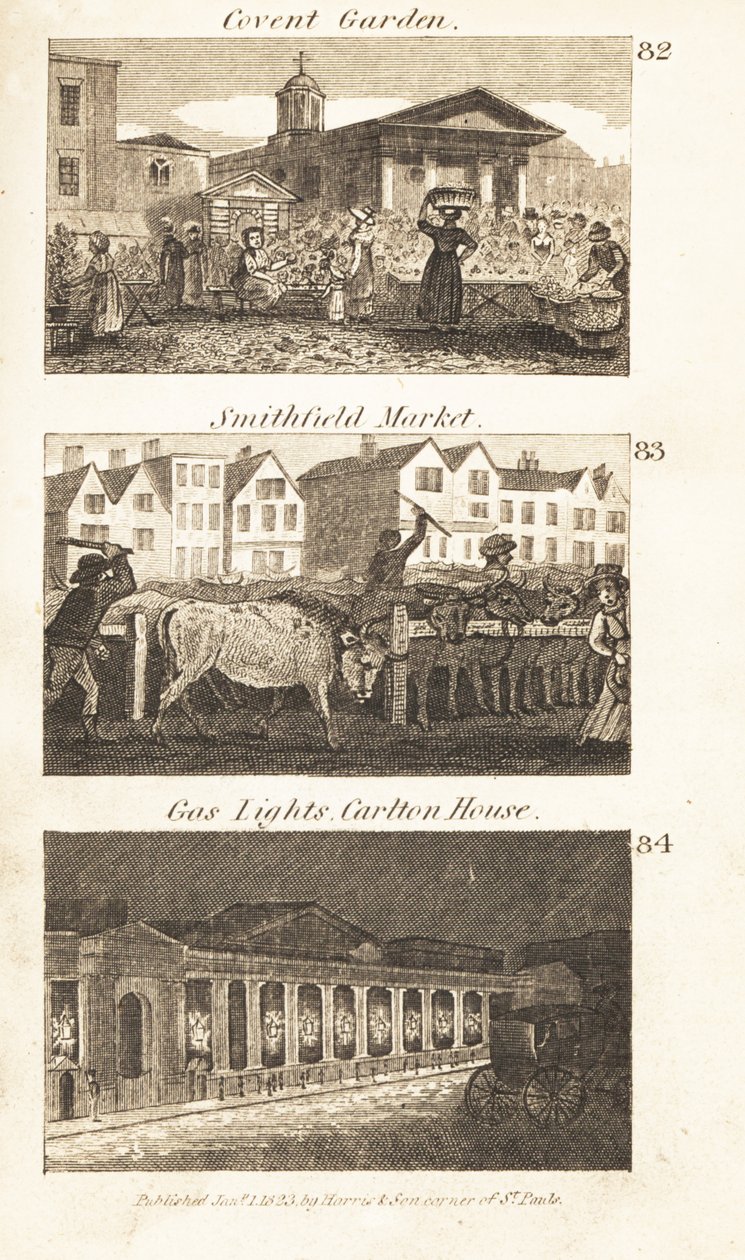 Oficios en la Inglaterra de la Regencia: Covent Garden, Mercado de Smithfield y luces de gas en Carlton House de Isaac Taylor