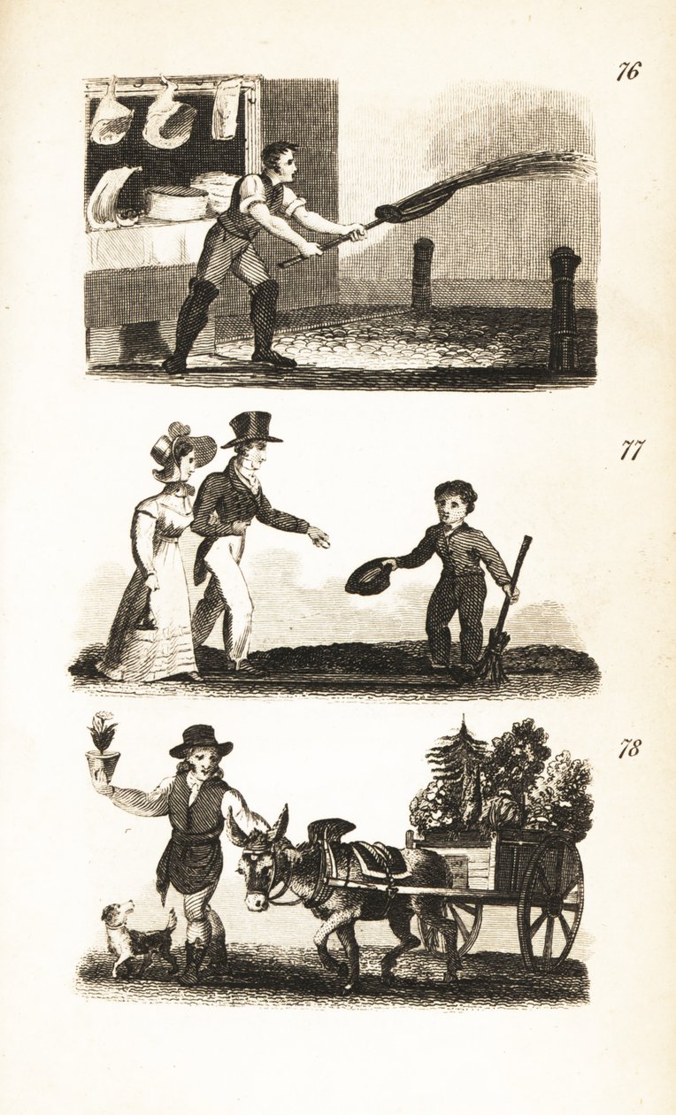 Regando las calles, niño pequeño en el cruce y el hombre de la maceta de Isaac Taylor