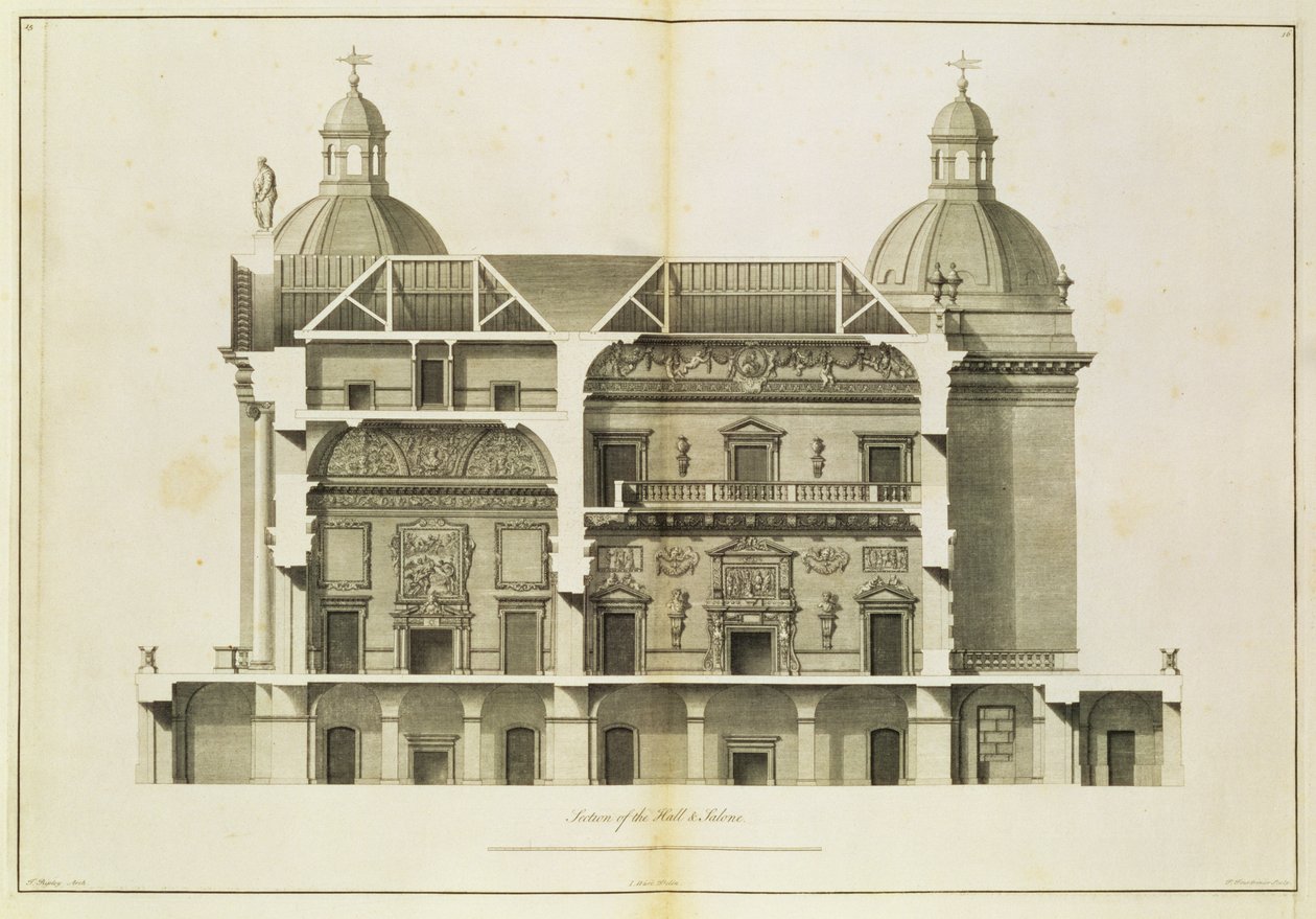 Houghton Hall: sección transversal del Hall y el Salón, grabado por Pierre Fourdrinier, 1735 de Isaac Ware