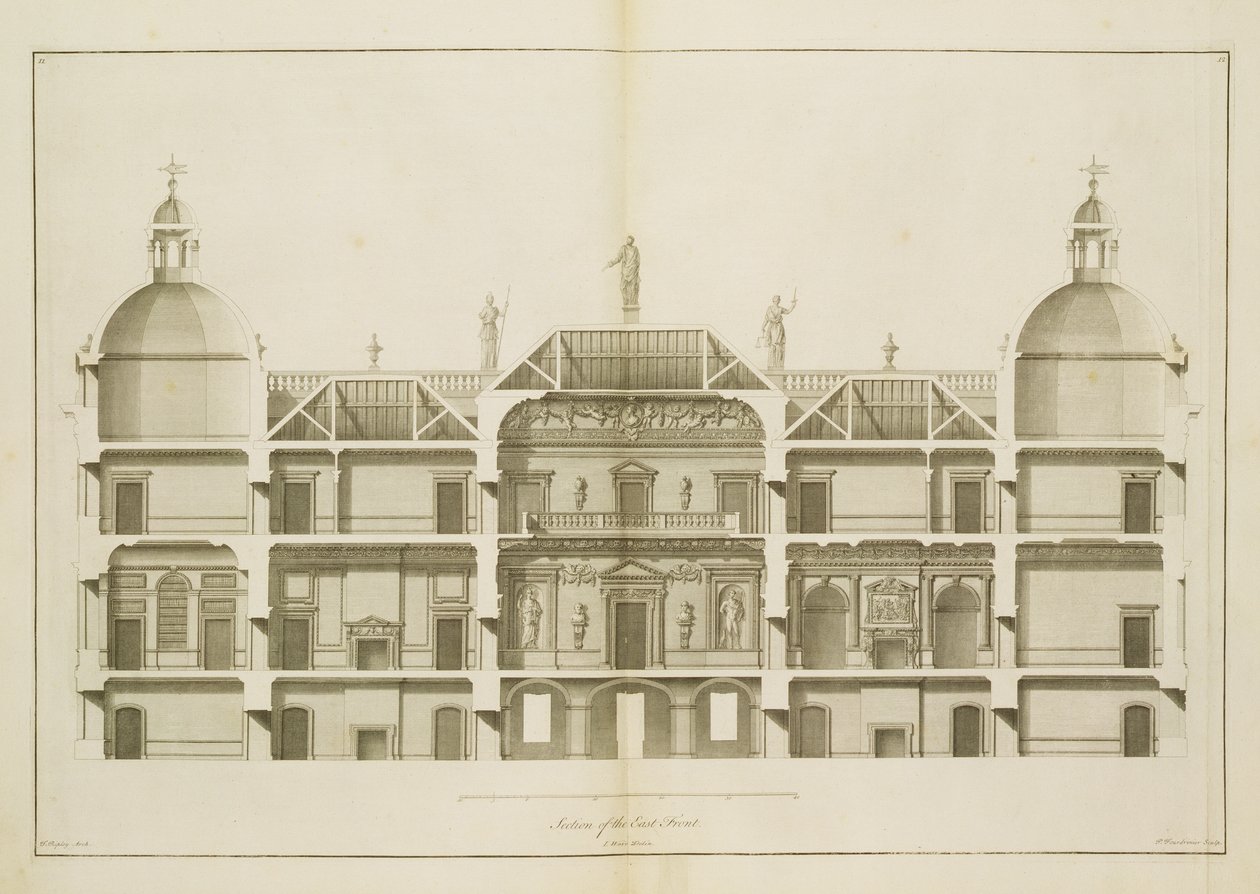 Houghton Hall: sección del Frente Este, grabado por Pierre Fourdrinier, 1735 de Isaac Ware