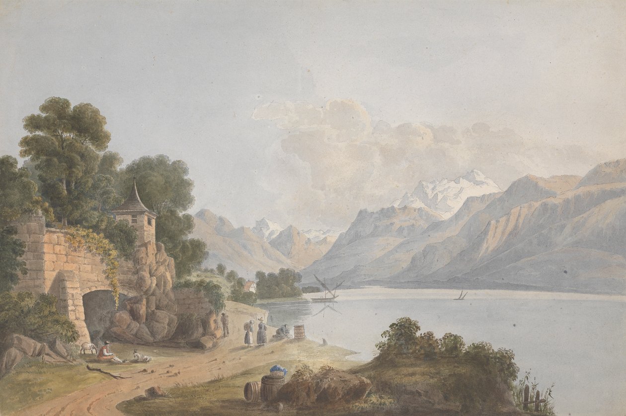 Paisaje montañoso con lago, puerta y figuras de Isaac Weld