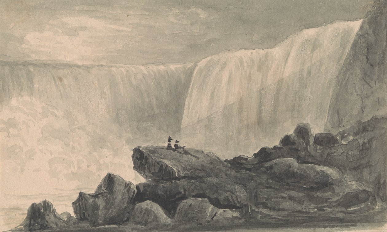 Vista de las cataratas del Niágara con dos figuras sentadas en una roca en primer plano de Isaac Weld
