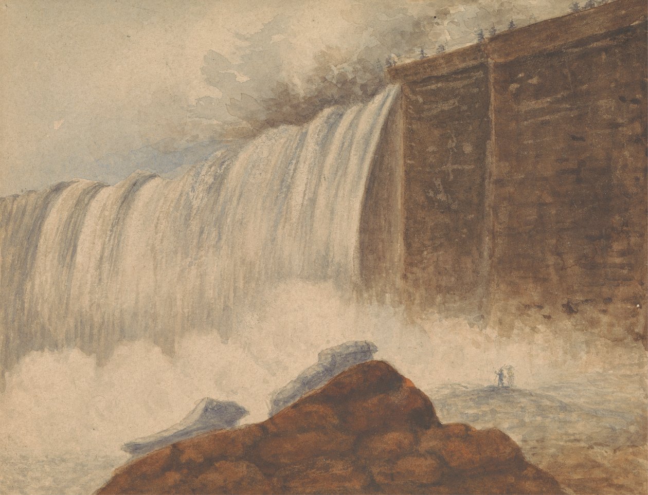 Vista de las cataratas del Niágara con dos figuras sobre una roca en primer plano a la derecha de Isaac Weld