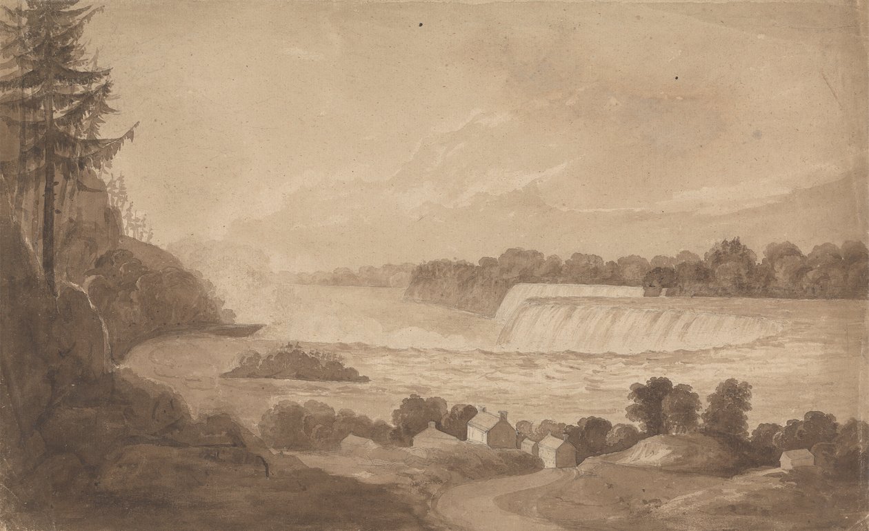 Vista de las cataratas del Niágara con las cataratas al fondo, a la derecha, y paisaje con casas en primer plano de Isaac Weld