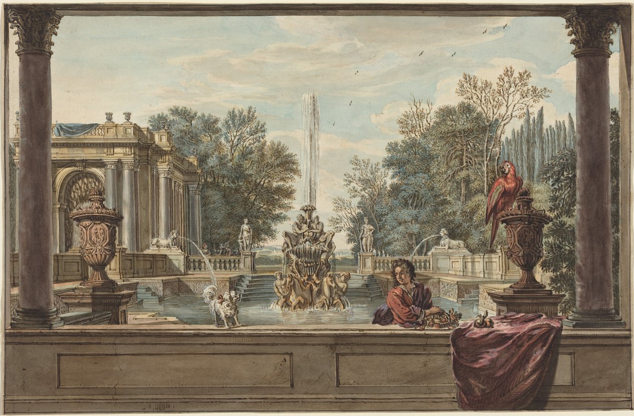 Un jardín a la italiana con un loro, un caniche y un hombre de Isaac de Moucheron