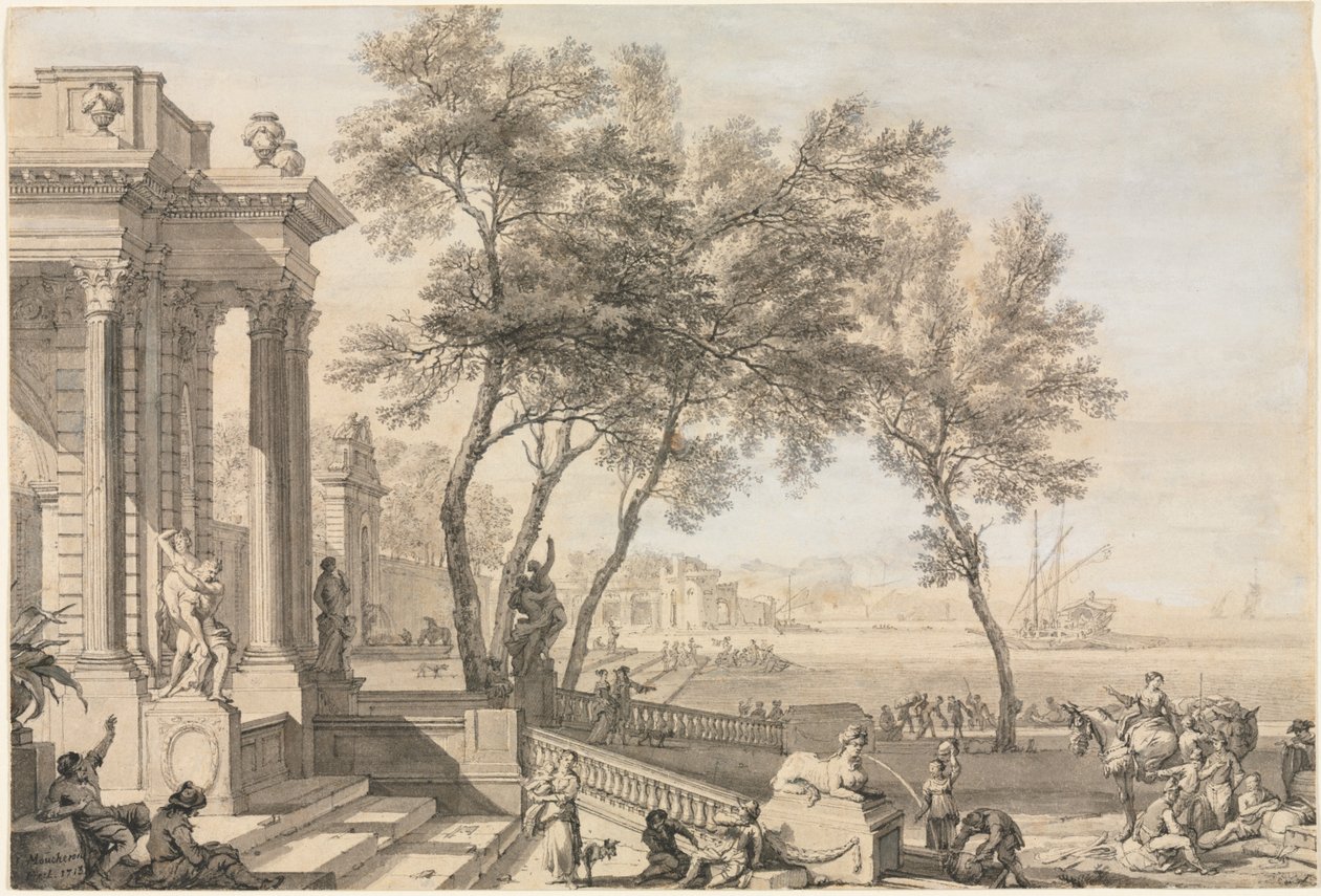 Escena de puerto fantástico con arquitectura y figuras, 1713 de Isaac de Moucheron