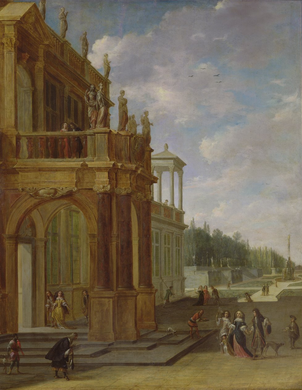 Personas en la terraza de un palacio de Isaac van Nickele