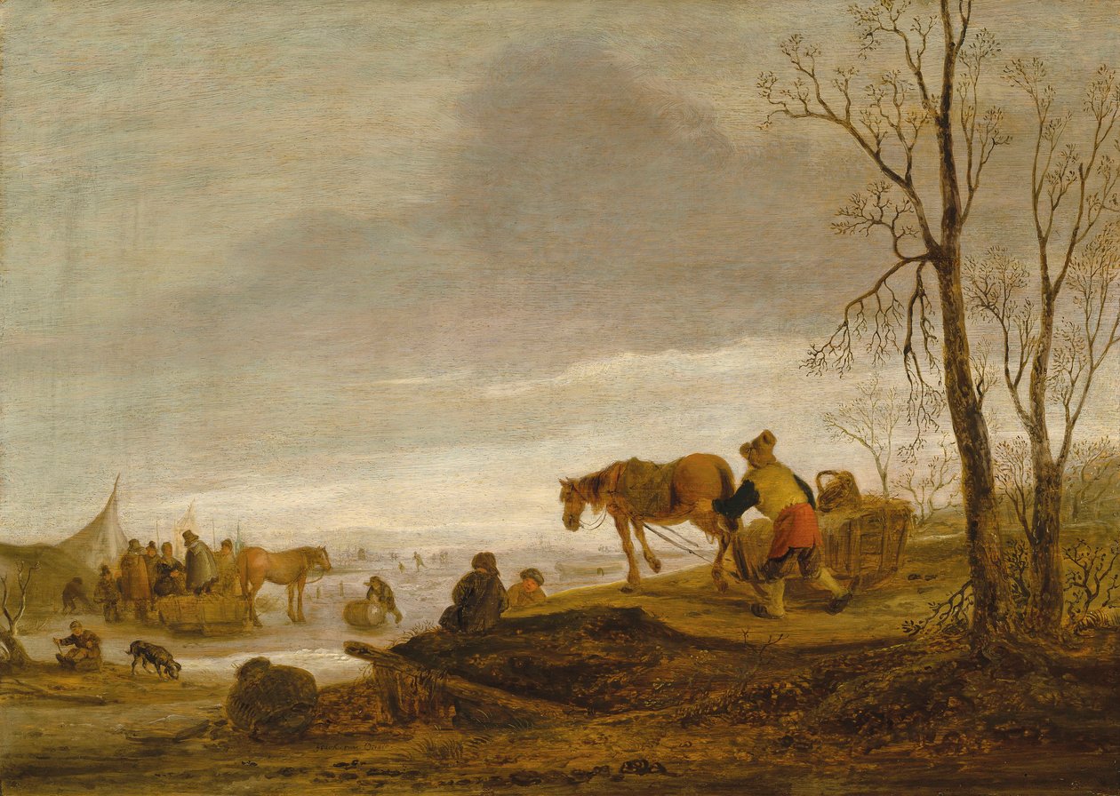 Un paisaje invernal con figuras en un río helado de Isaac van Ostade