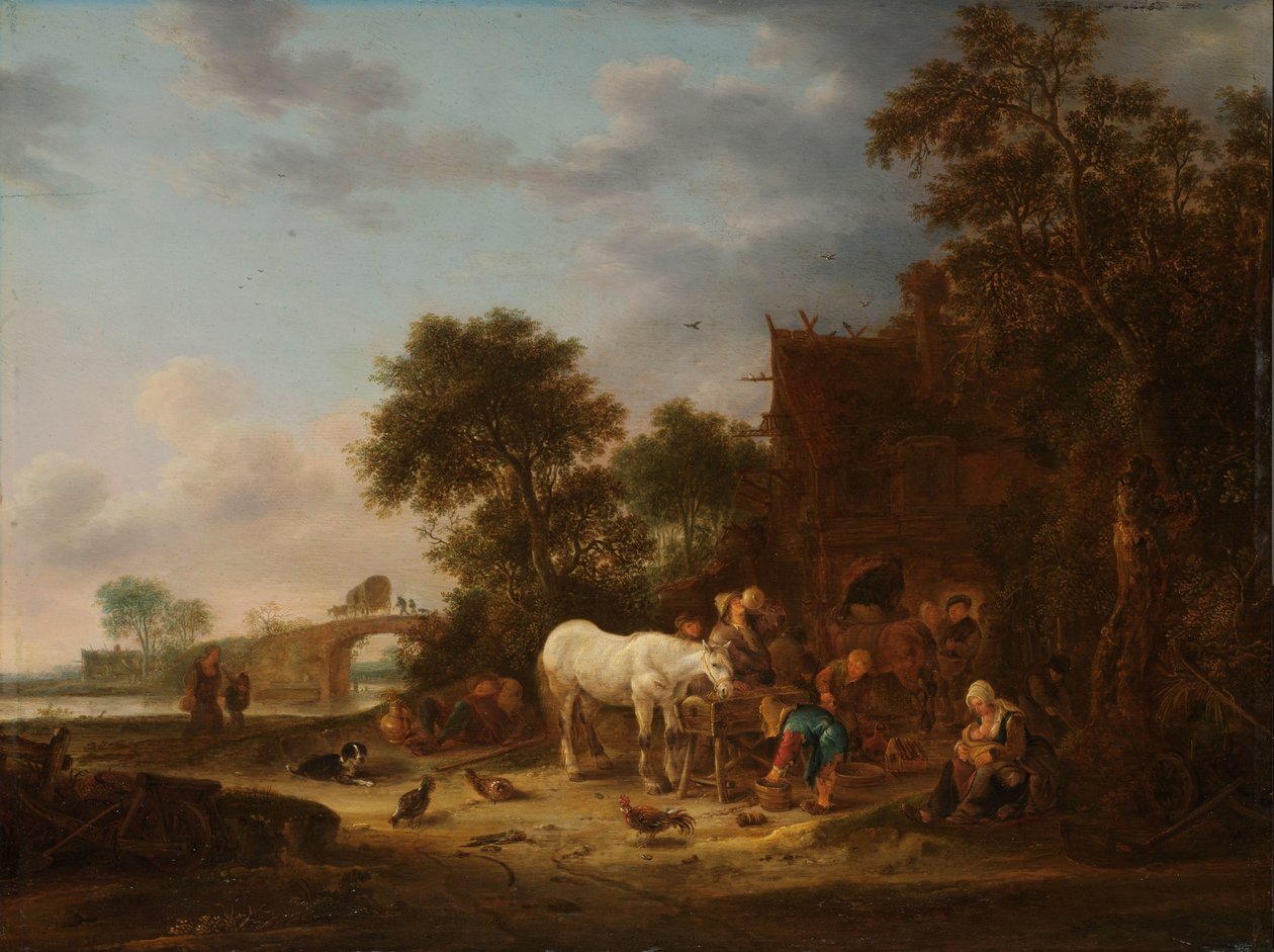 Posada rural con un caballo en el comedero de Isaac van Ostade