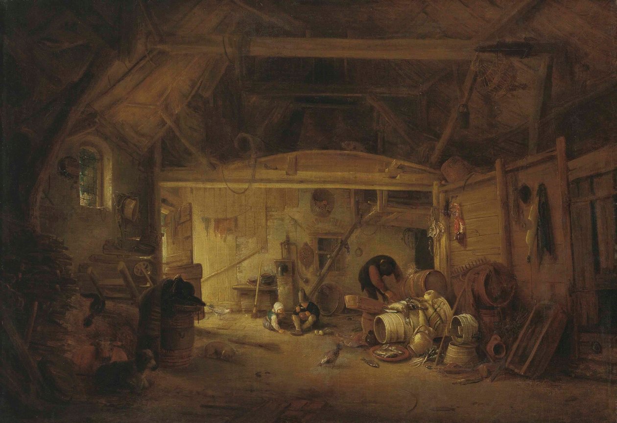 Alemán: Scheuneninterieur Interior de un granero con dos niños comiendo y un hombre trabajando. de Isaac van Ostade
