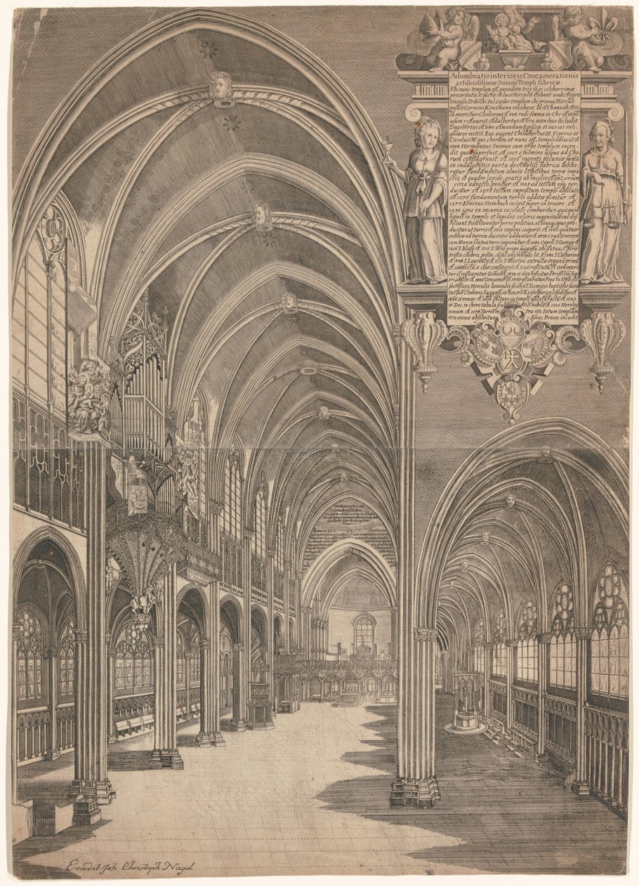 Grabado que representa el interior de la Catedral de Estrasburgo en 1617 de Isaak Brun