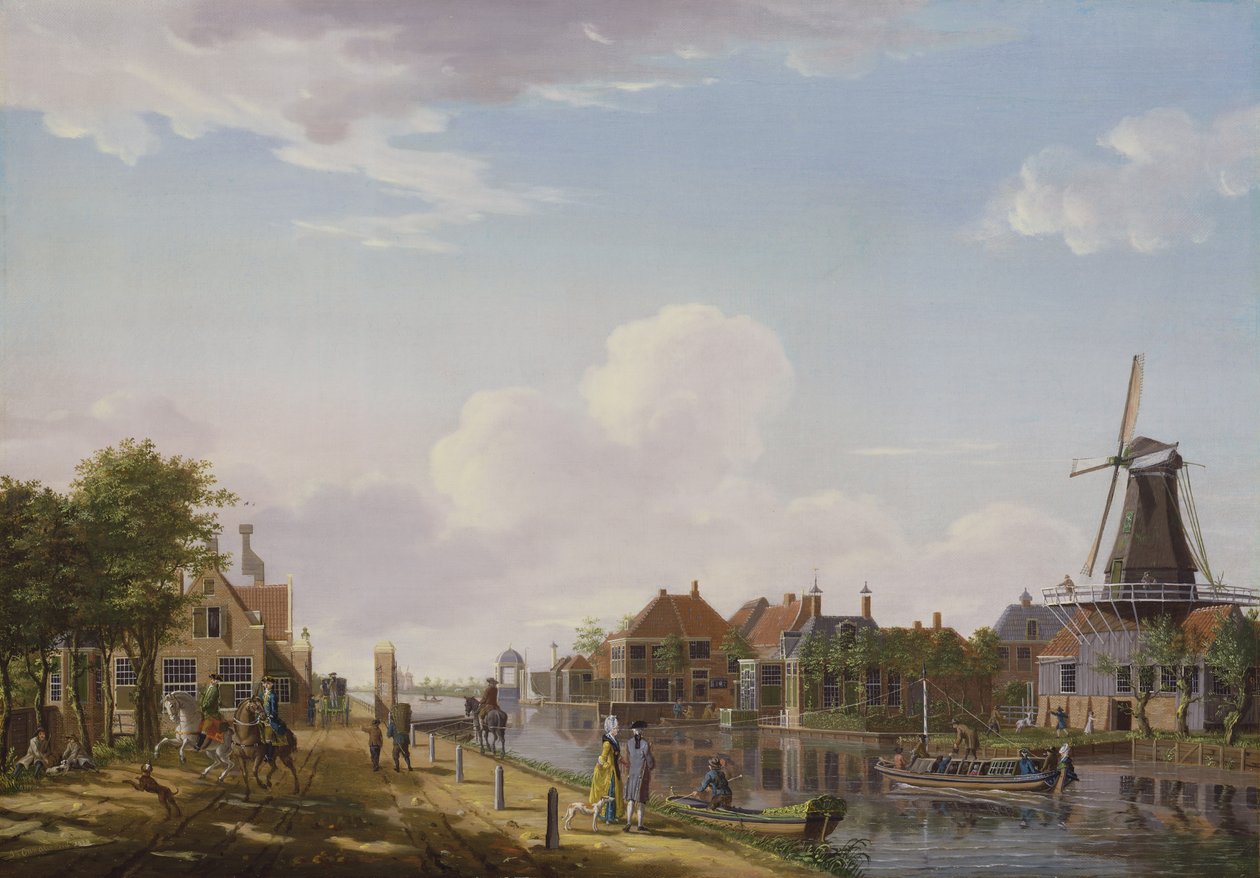 Escena de canal holandés con figuras elegantes y un molino, 1777 de Isaac Ouwater