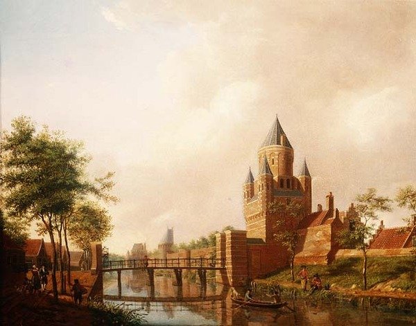 Vista de la Kleine Houtpoort (Pequeña Puerta) en Haarlem con la Grote Houtpoort (Gran Puerta) en el fondo de Isaac Ouwater