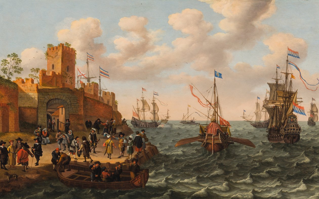 Un trío holandés y una galera papal con otros barcos a lo largo de la costa de una ciudad fortificada, c.1662 (óleo sobre tabla) de Isaak Willaerts