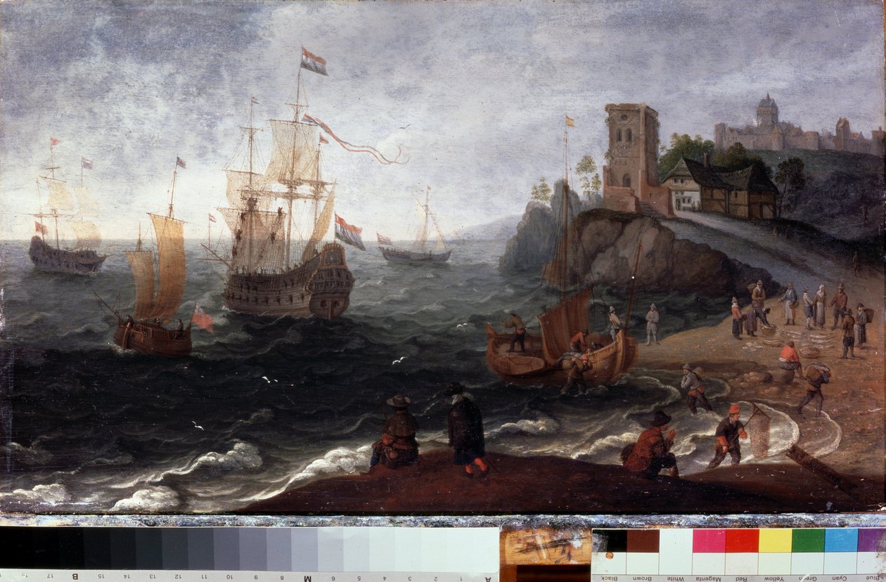 Mercado de pescado a la orilla del mar. Pintura de Isaak Willaerts (1620-1693). Óleo sobre madera, 35,5 x 67 cm, ca. 1640. Arte holandés del siglo XVII. Museo Estatal de Historia y Arte, Serpukhov (Rusia). de Isaak Willaerts