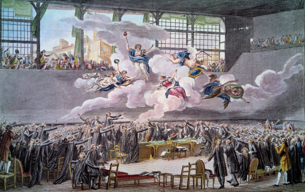 Revolución Francesa: El juramento del Juego de Pelota el 20 de junio de 1789. Los diputados juran no separarse hasta que se corrija una Constitución. Grabado por Isidore Helman (1743-1809) 1789 París, B.N. de Isidore Stanislas Helman