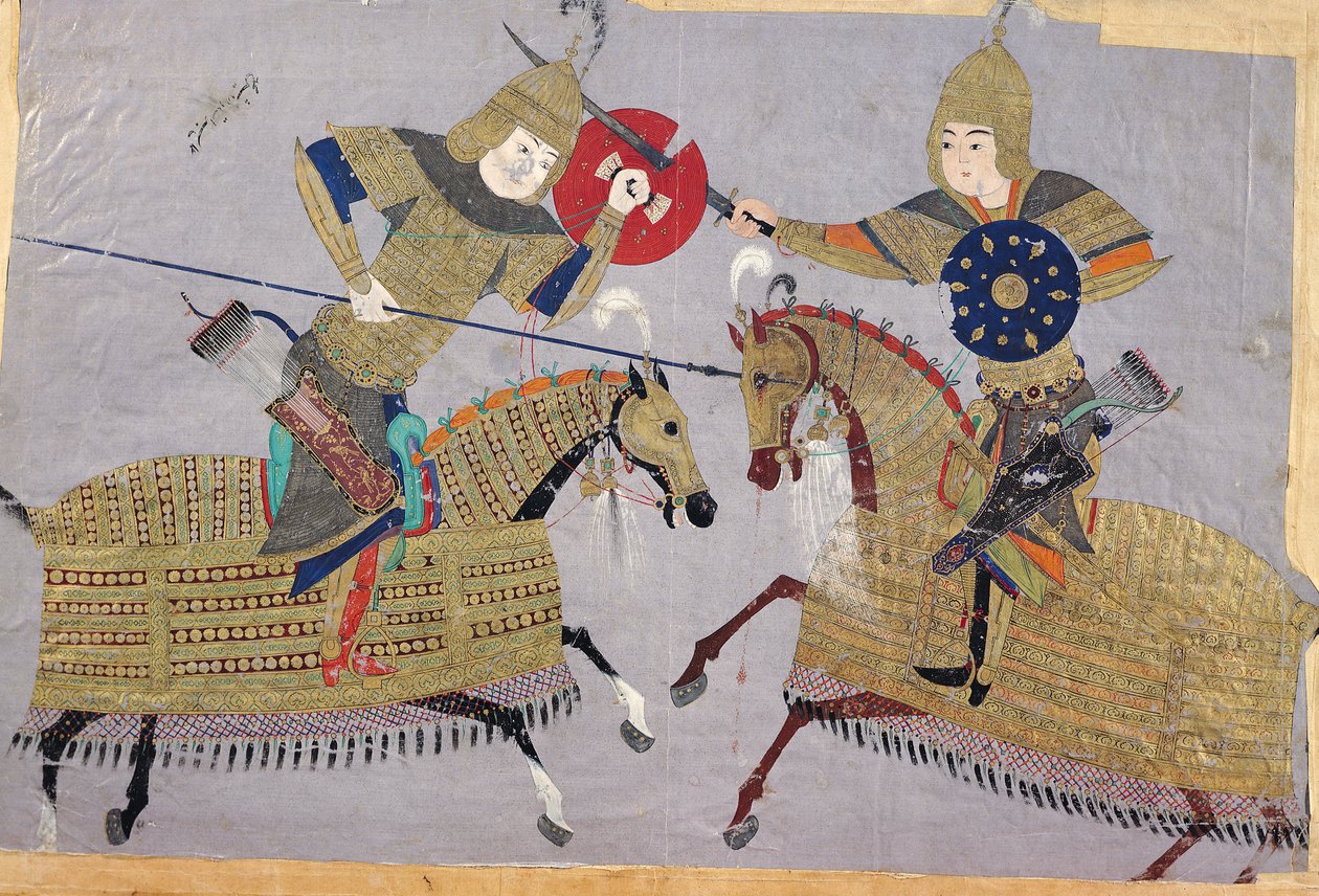 Dos guerreros a caballo en combate, Escuela de Tabriz, c.1480 de Islamic School