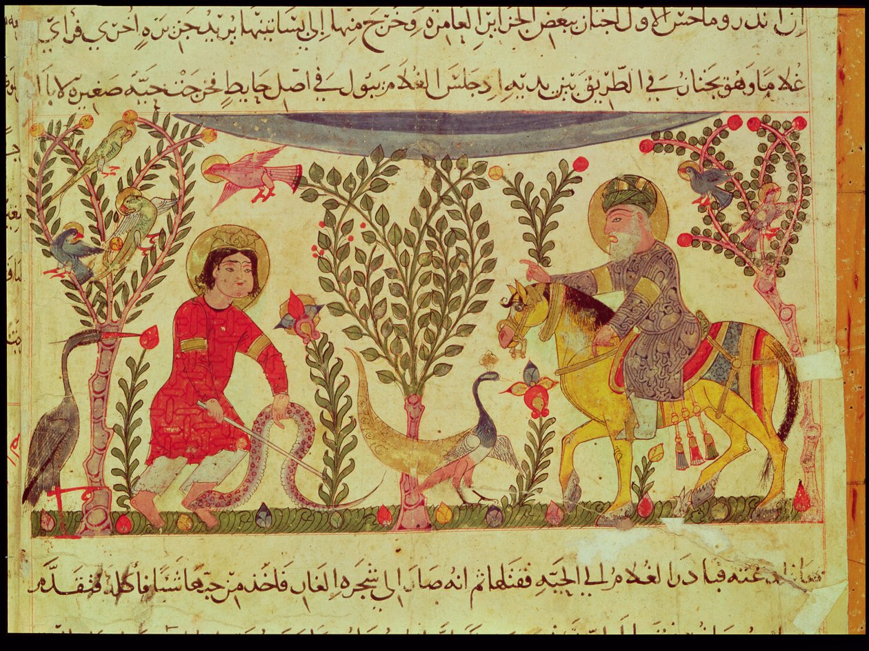 Un Doctor asistiendo a un hombre mordido por una serpiente, manuscrito de un tratado de Dioscórides, siglo XIII de Islamic School