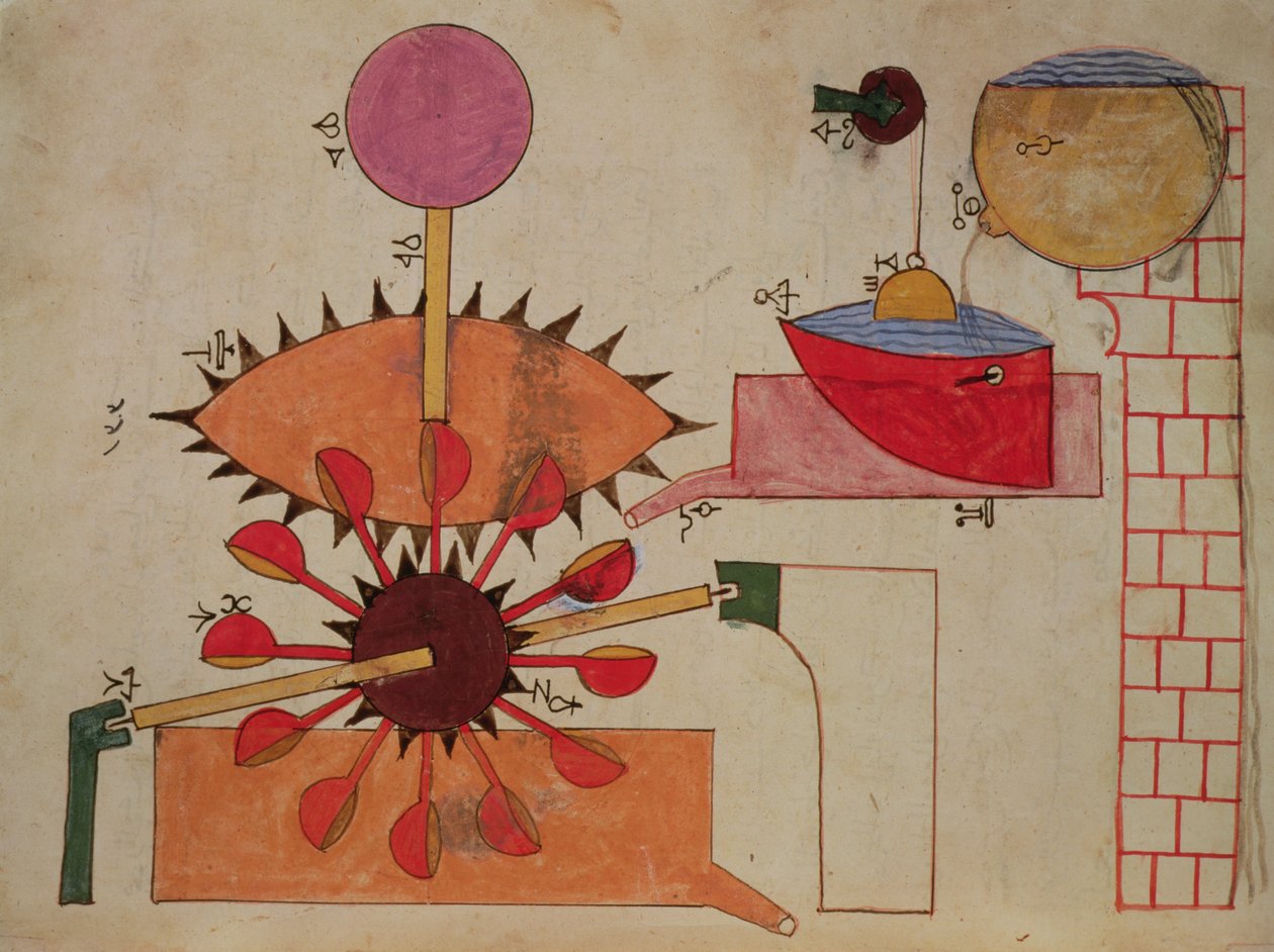 Diagrama de un sistema para bombear agua a una cuenca, del Libro del Conocimiento de Ingeniosos Dispositivos Mecánicos por Al-Djazari, 1206 de Islamic School