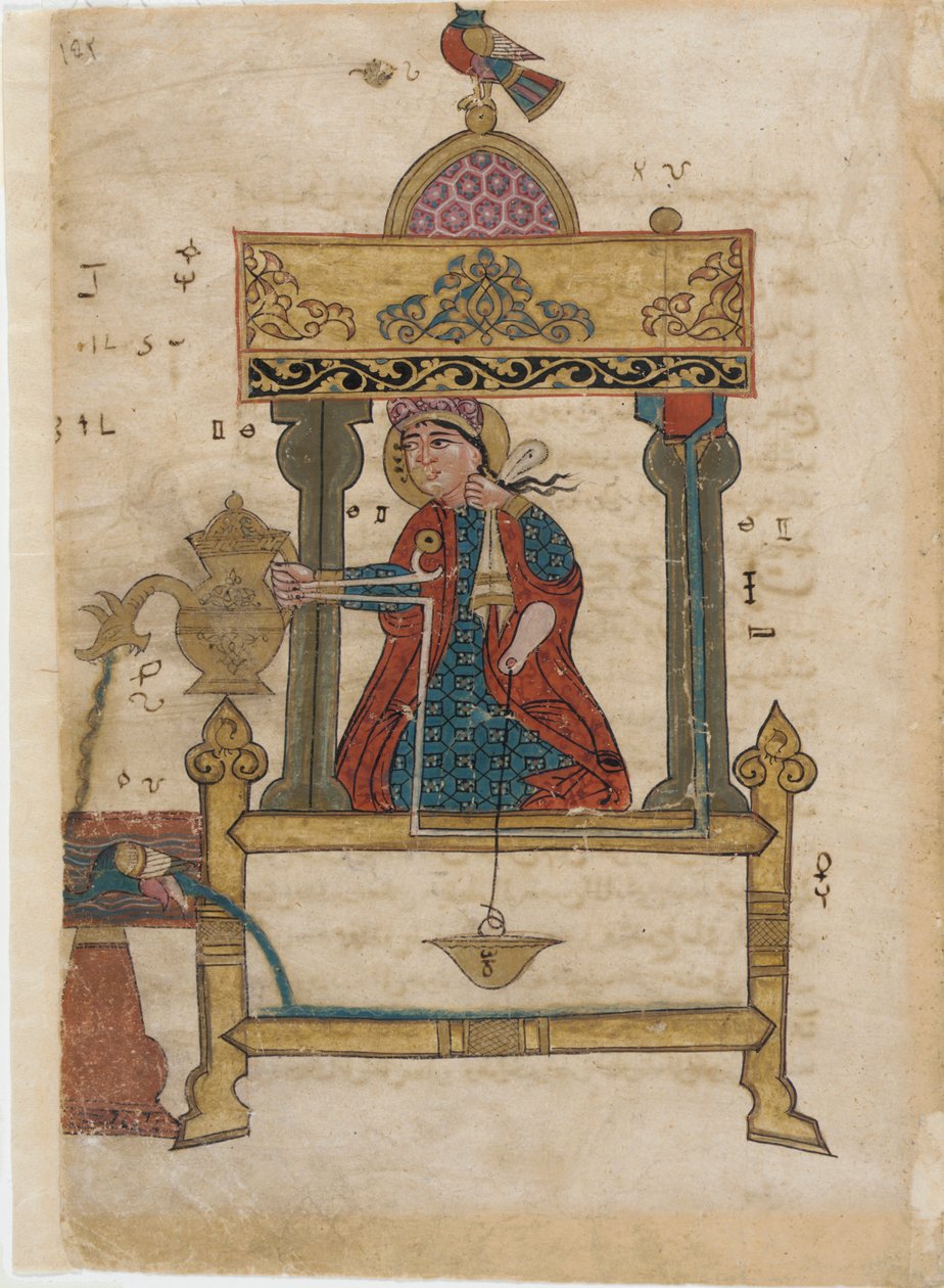 Autómata de lavado de manos con mecanismo de descarga, folio del Libro de Dispositivos Mecánicos Ingeniosos; por Al-Djazari, 1315 de Islamic School