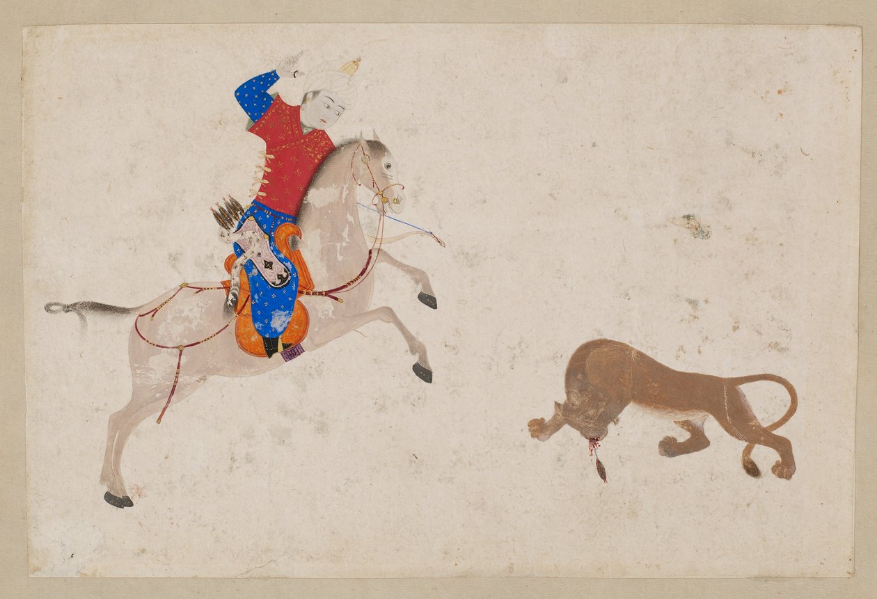 Jinete matando a un león, de Bujará o Tabriz, Uzbekistán (color y oro sobre papel) de Islamic School