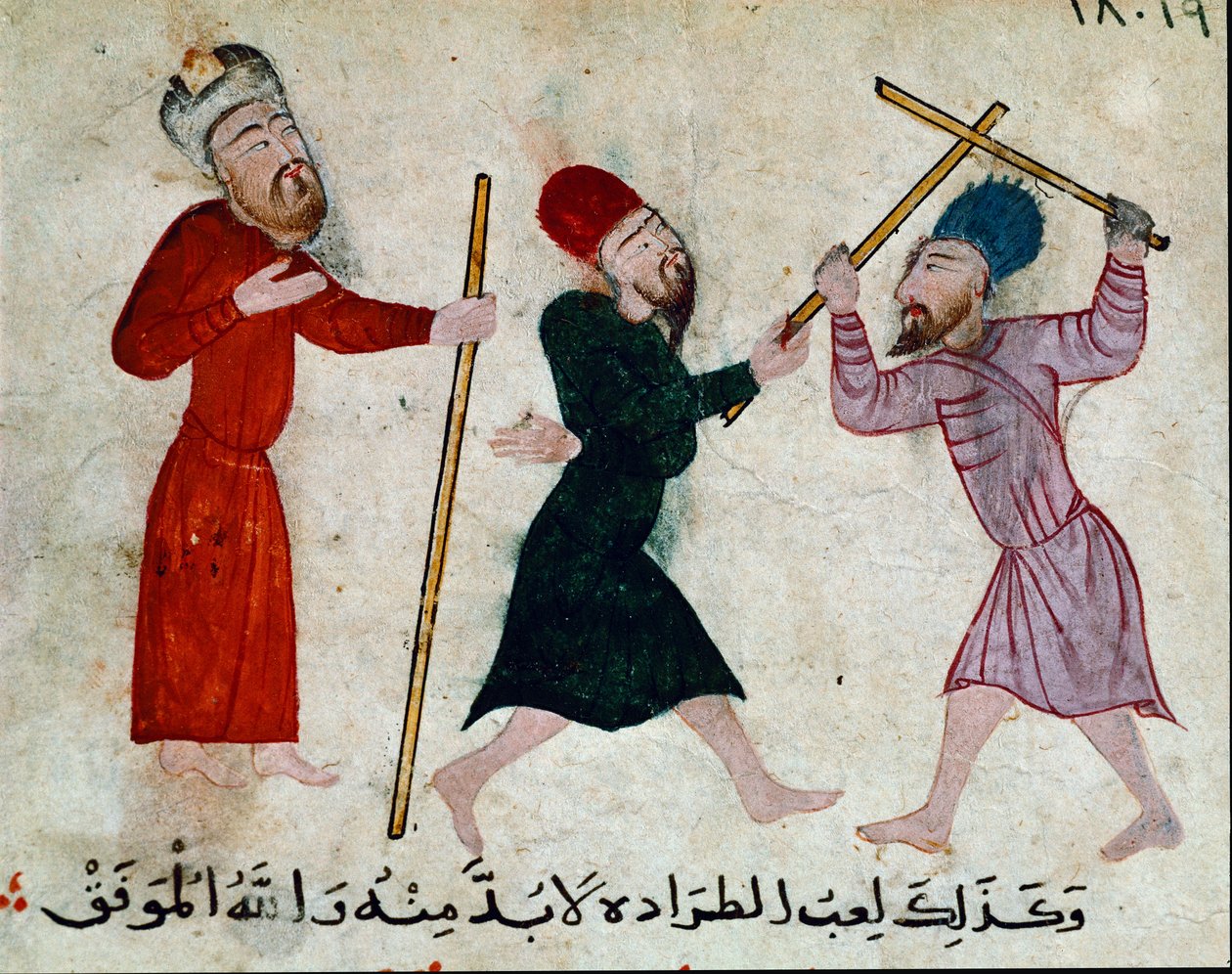 Arte islámico: dibujo en pergamino del período fatimí (siglo X-XI) - Juego de palos de Islamic School