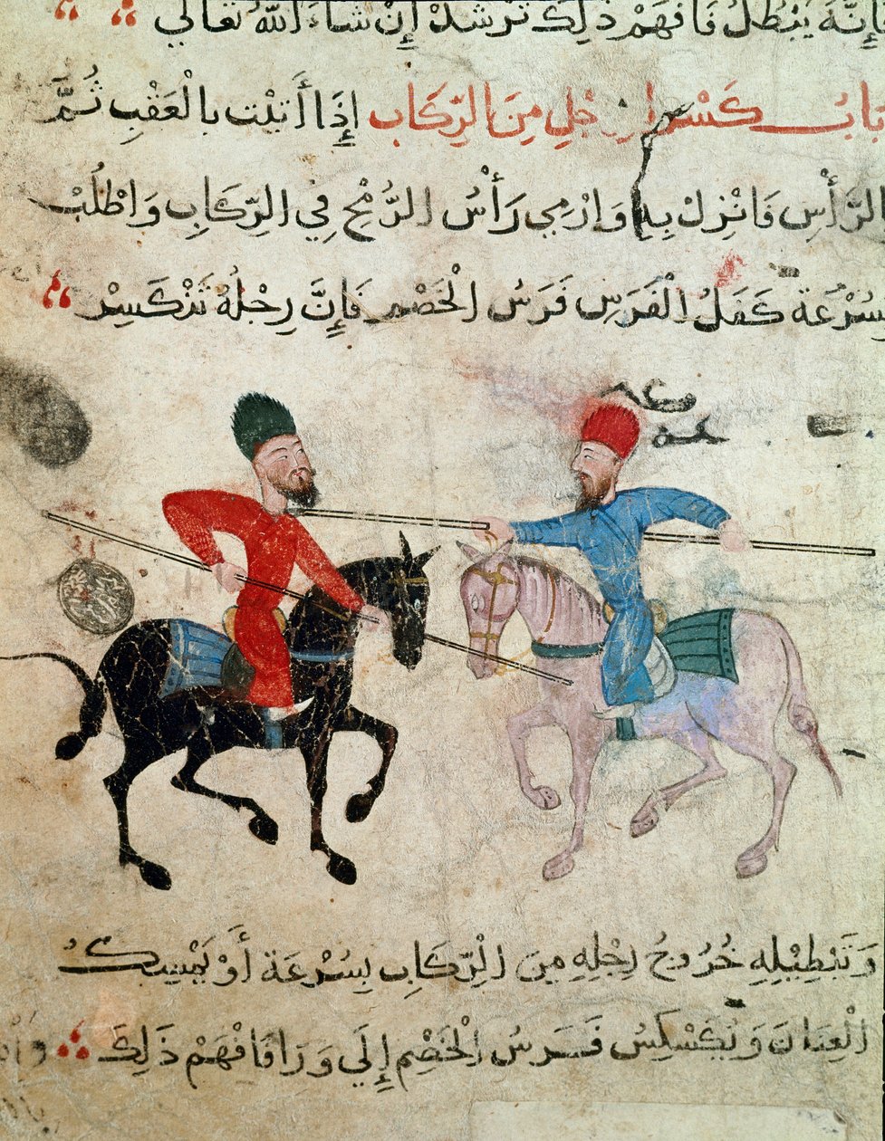 Arte islámico: dibujo en pergamino del período fatimí (siglo X-XI) - Escena de duelo entre dos jinetes de Islamic School