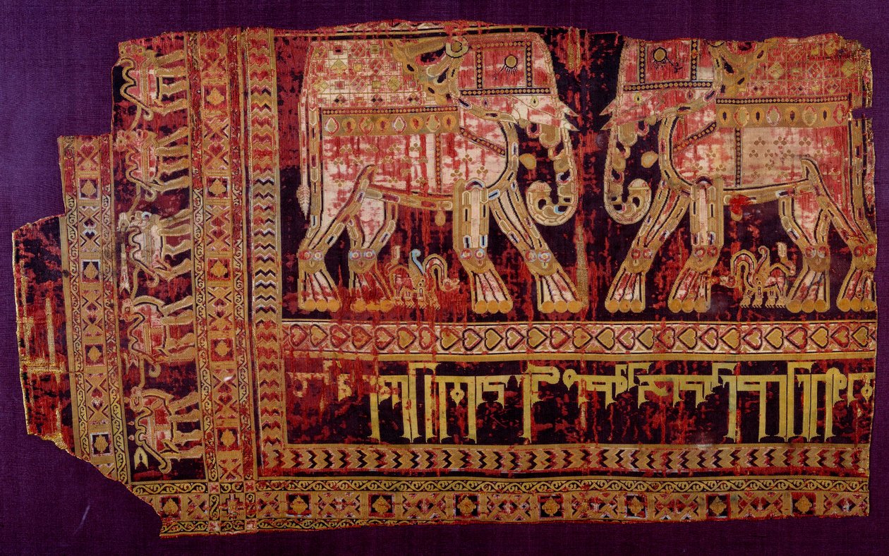Arte islámico: Sudario de San Josse. Tela de seda, 901 d.C. De la abadía de San Josse, Khorasan, Chorasan o Khurasan. Herat, Afganistán moderno. París, Museo del Louvre de Islamic School
