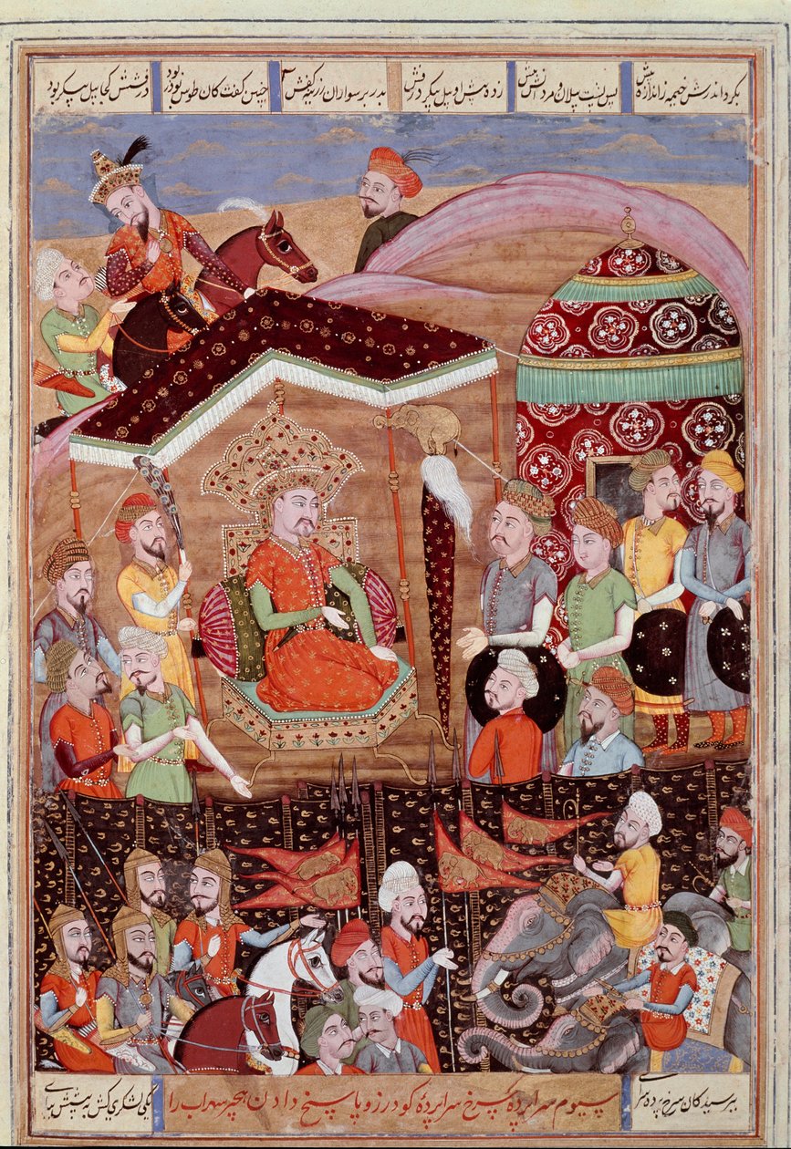 Arte islámico: Sohrab mira la tienda negra de los líderes del ejército persa. Miniatura persa de un manuscrito del poema épico Shahnameh (Libro de los Reyes) de Ferdowsi de Islamic School