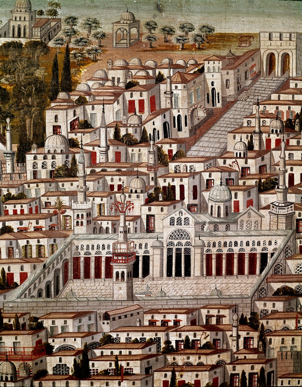 Arte islámico: Vista de Damasco con la Gran Mezquita de los Omeyas de Damasco (705-715). Pintura anónima siria del siglo XVII. Siria, Damasco, Palacio Azem de Islamic School