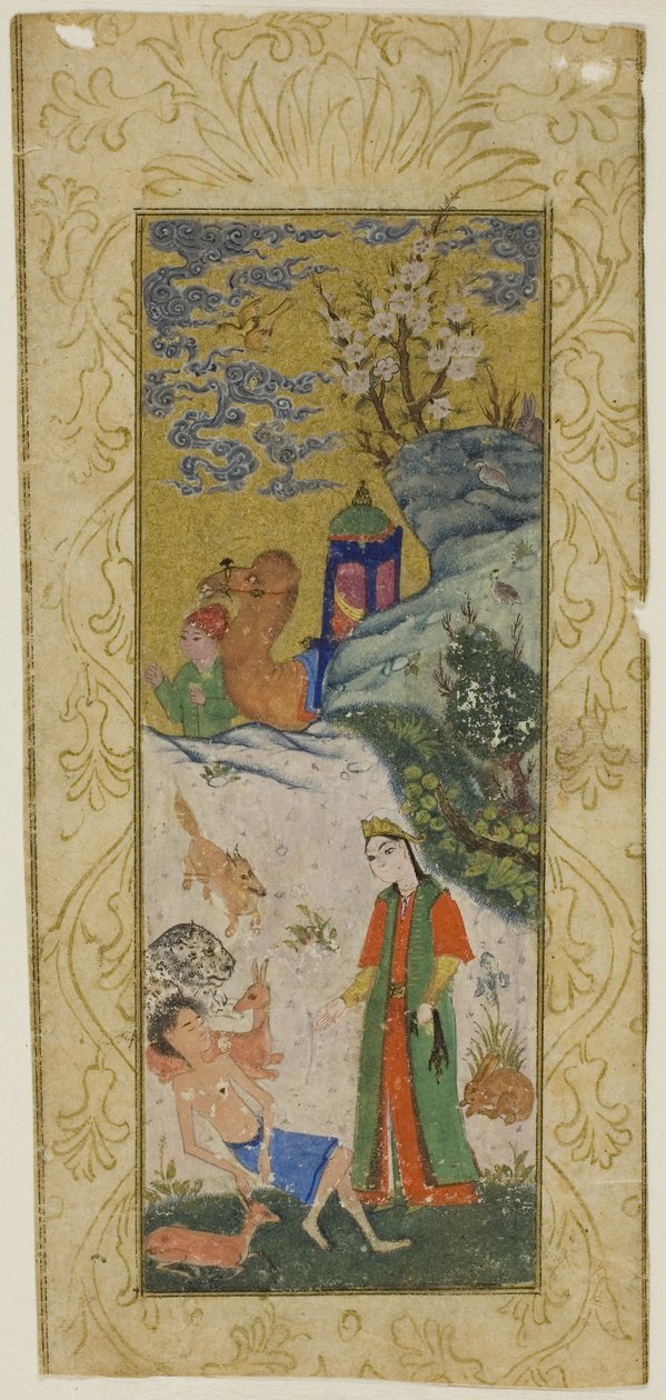 Layla visitando a Majnun en el desierto, página de una copia del Khamsa de Nizami de Islamic School
