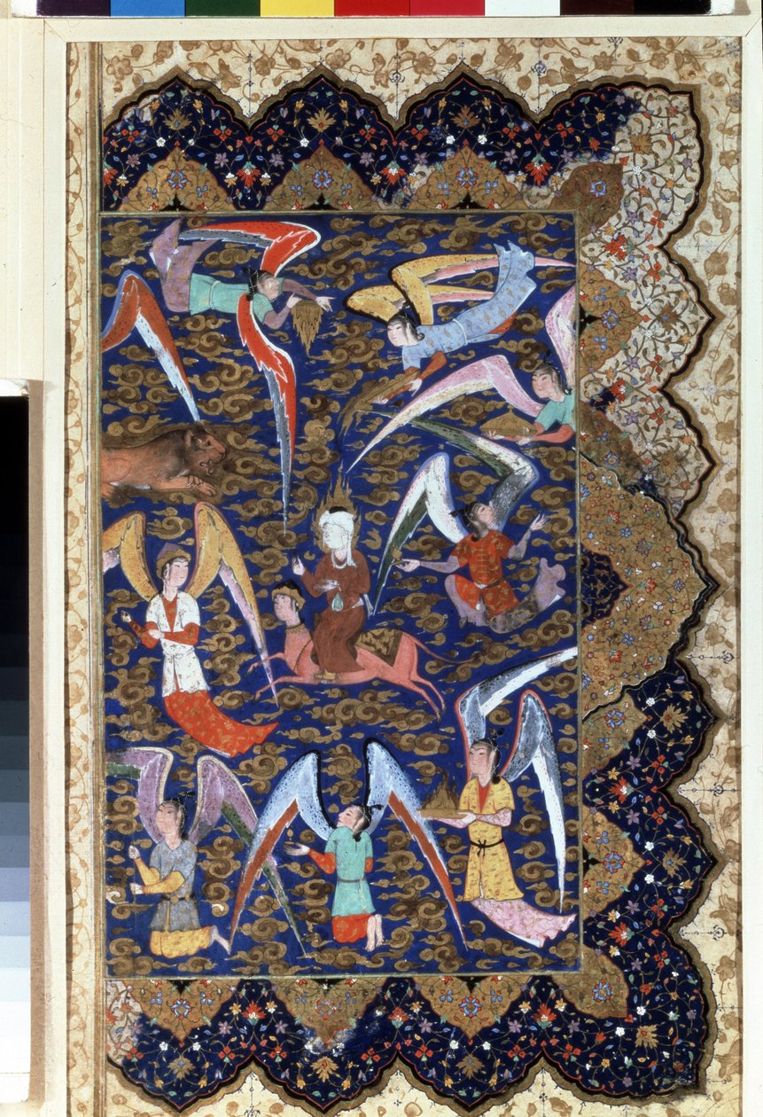 ""El profeta Mahoma (Mahoma o Mahoma) (570-632) (rostro cubierto) durante el Mirac, su ascensión al séptimo cielo sobre su caballo Al - Bouraq (Burak) (Al - Buraq)"" Acuarela sobre pergamino. siglo 16. Museo del Hermitage, San Petersburgo de Islamic School