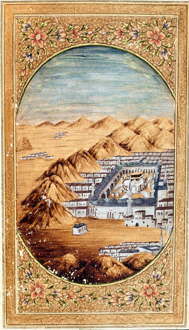 Vista de La Meca (La Meca), lugar de peregrinación musulmana, y las llanuras del Monte Arafat (Arafah), Arabia Saudita. Página tomada de una edición del Corán de Islamic School