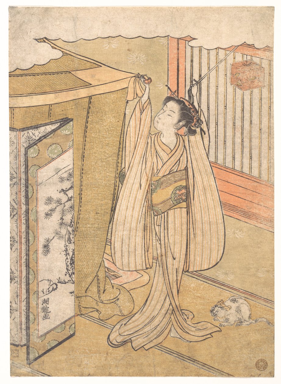 Una muchacha cuelga una mosquitera sobre su cama de Isoda Koryusai