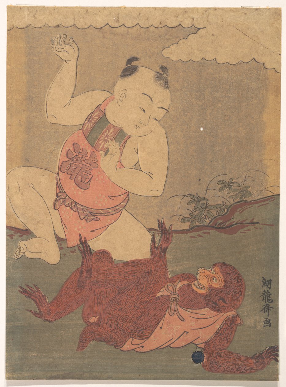 Un niño y un mono jugando de Isoda Koryusai