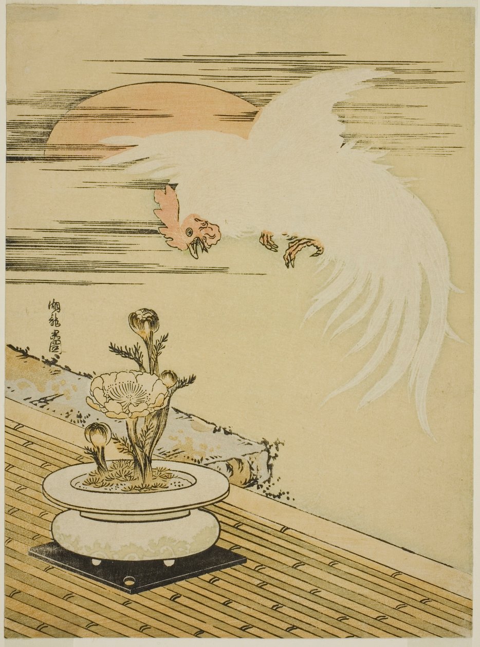 Gallo volando sobre olla de Adonis de Isoda Koryusai
