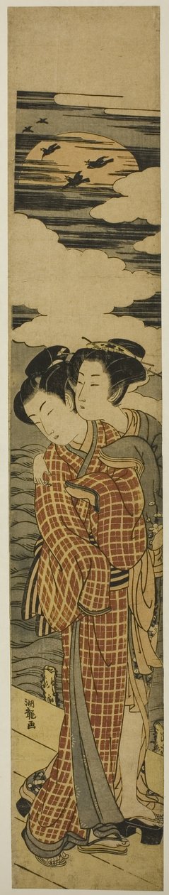 Pareja abrazándose en un muelle en una noche de luna de Isoda Koryusai
