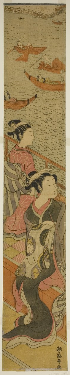 Cortesana y su asistente en un balcón con vista al río de Isoda Koryusai