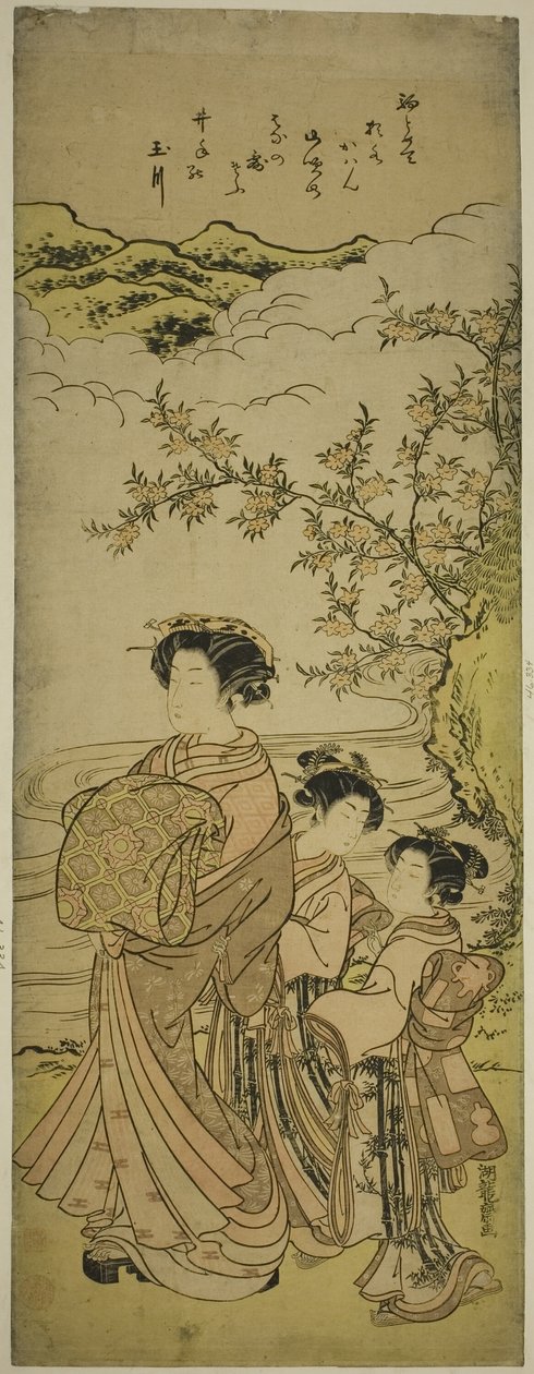 Cortesana y dos asistentes desfilando junto a un arroyo de Isoda Koryusai