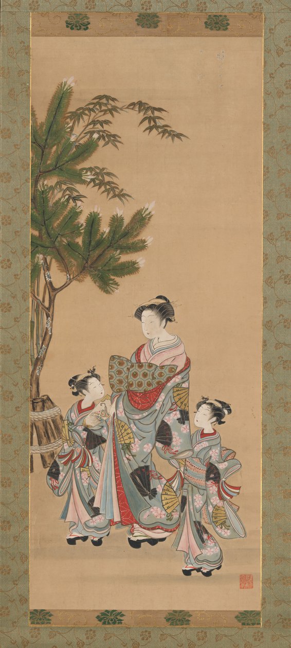 Cortesana y dos asistentes en el día de Año Nuevo de Isoda Koryusai