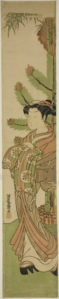 Cortesana delante de la decoración de Año Nuevo de pino y bambú de Isoda Koryusai