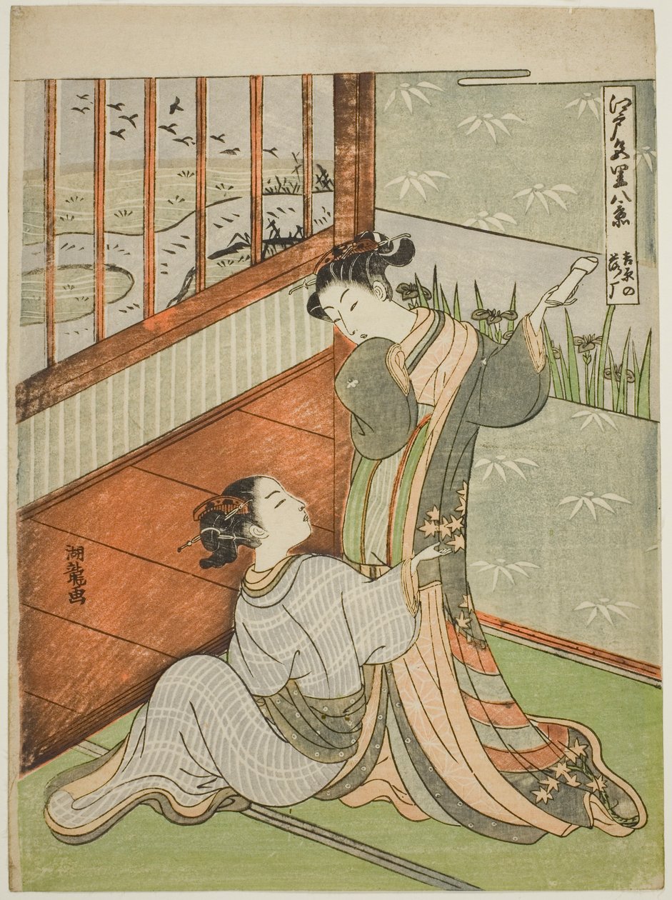 Gansos descendiendo en Yoshiwara (Yoshiwara no rakugan), de la serie "Ocho vistas de los barrios de placer de Edo (Edo irozato hakkei)" de Isoda Koryusai