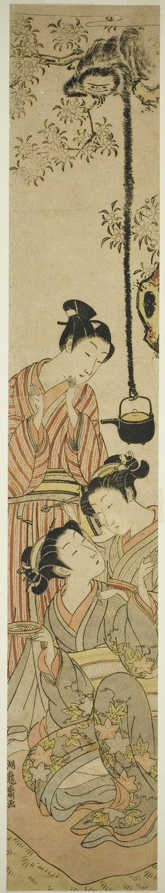 Gibón robando una jarra de sake de una fiesta de observación de flores de Isoda Koryusai