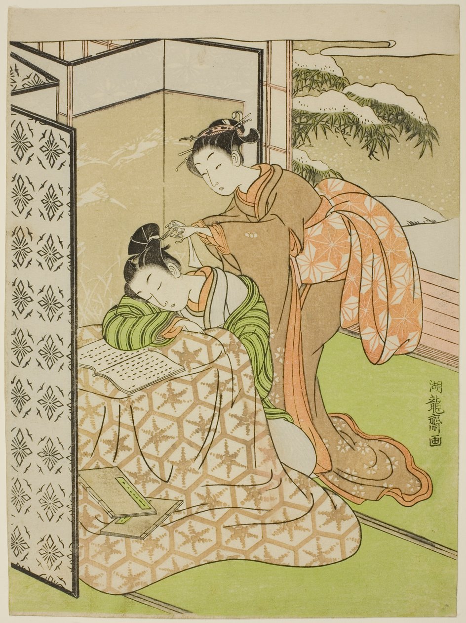 Chica Gastando una Broma a un Joven que Está Durmiendo de Isoda Koryusai