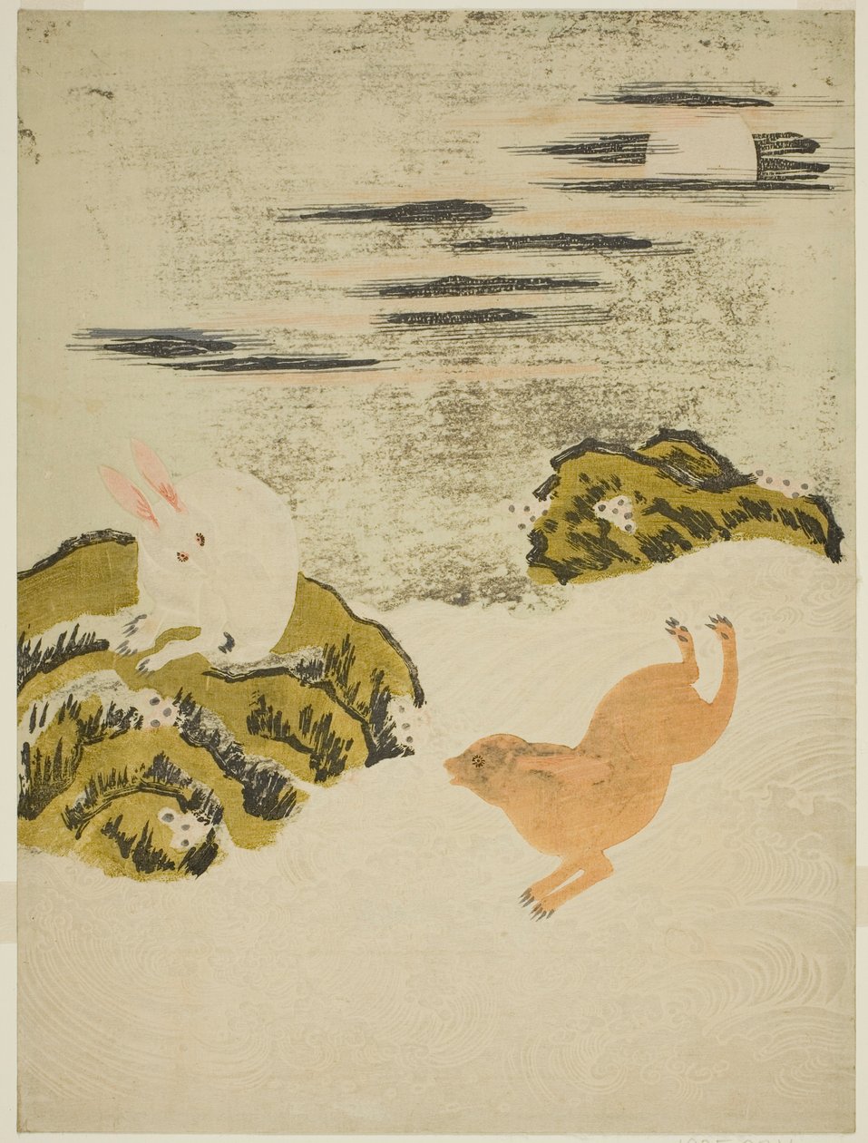 Liebres jugando en las olas en una noche de luna de Isoda Koryusai