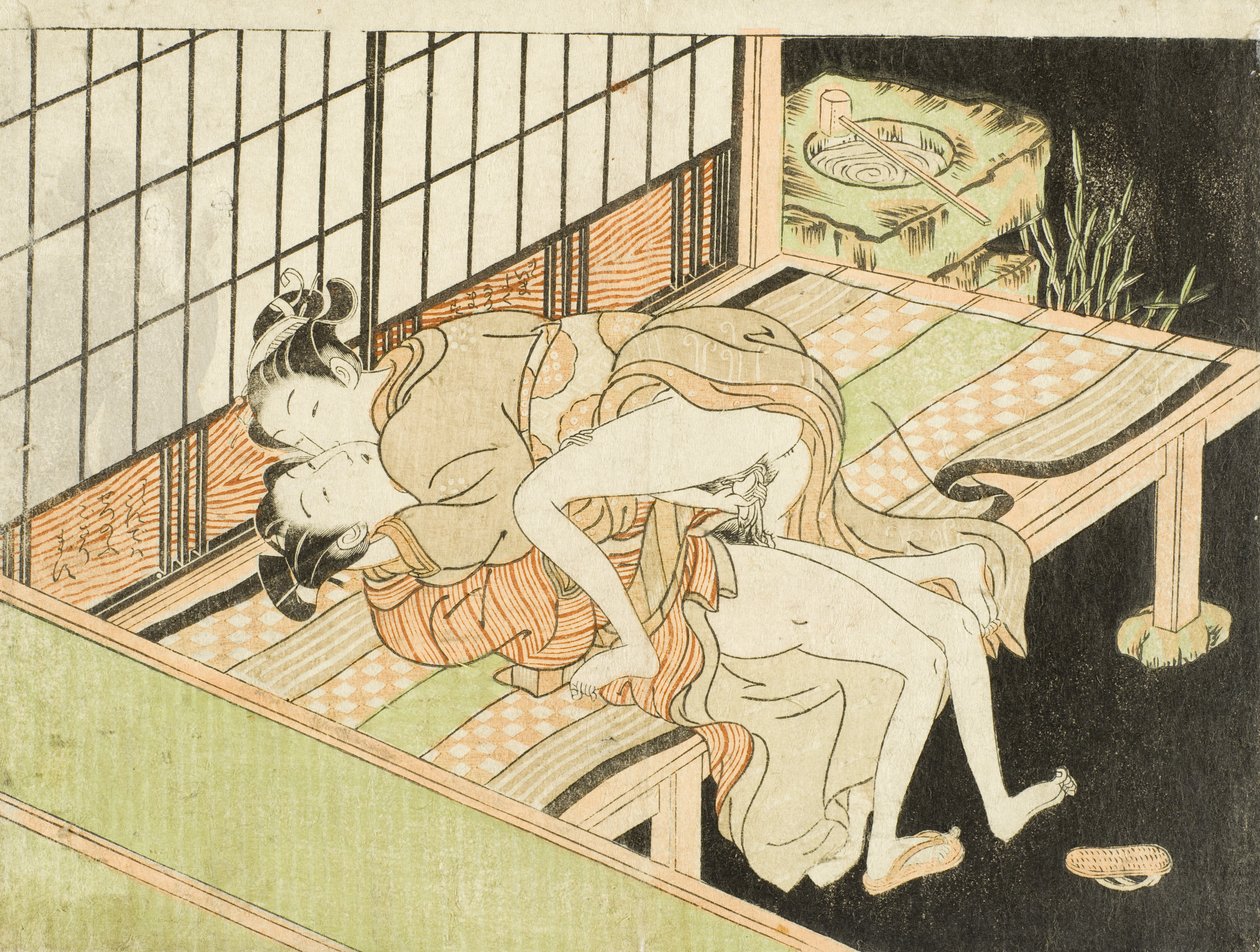 Enamorados en una terraza por la noche de Isoda Koryusai