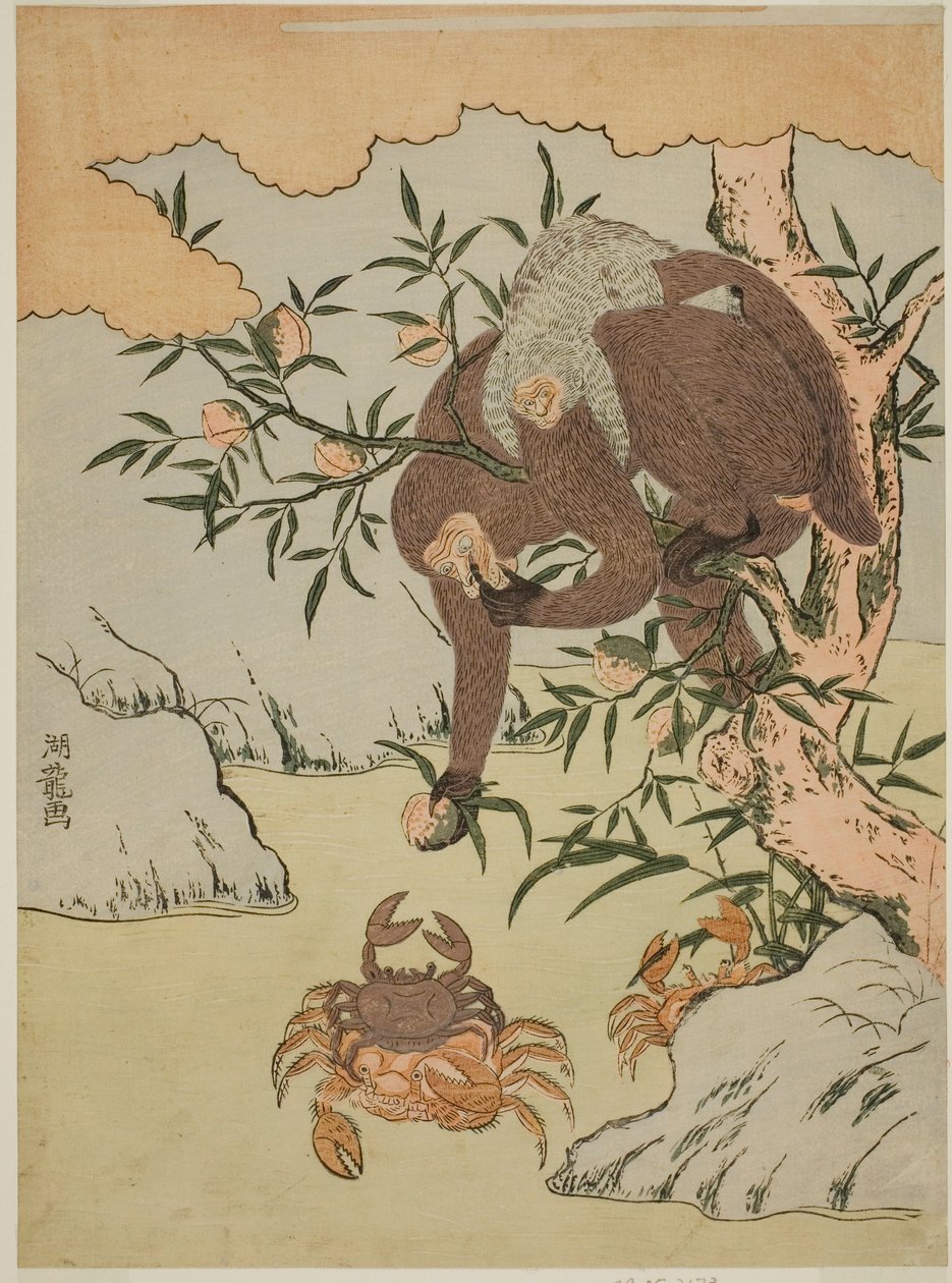 Mono jugando con cangrejos de Isoda Koryusai