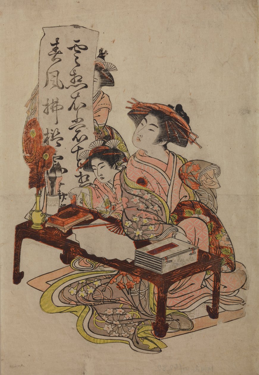 Tres mujeres ante una mesa con inscripción caligráfica de Isoda Koryusai